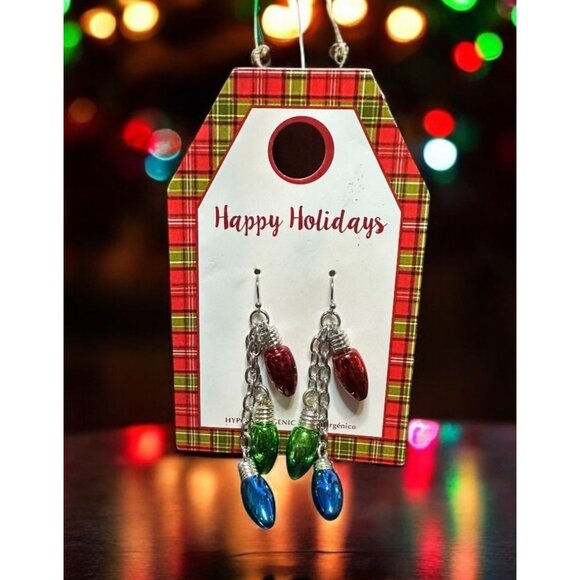 Holiday-Themed Hypoallergenic Earrings Colorful Bulbs On Silver Chains Festive - Picture 1 of 9